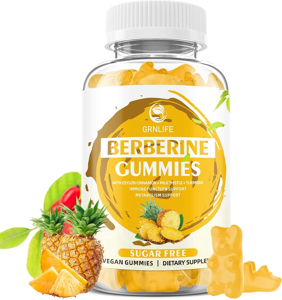 Berberine Gummies s Ceylon Skořice 1500mg High potency Berberine HCL dodatek pro imunitní a metabolickou podporu, bez cukru, Ananas Flavor - 60 Počet