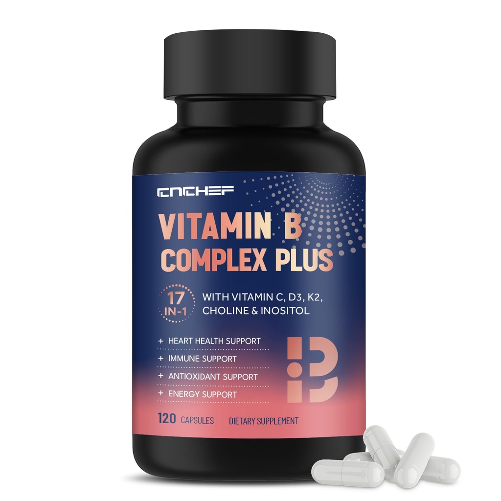 17-in-1 Vitamin B Complex Plus - Vitamin B1, B2, B3, B4, B5, B6, B7 (Biotin), B8 (Inositol), B9, B12, C, D3, K2, Energie, Imunitní, Kůže, Nerve Podpora pro muže a ženy - 120 Kapsle