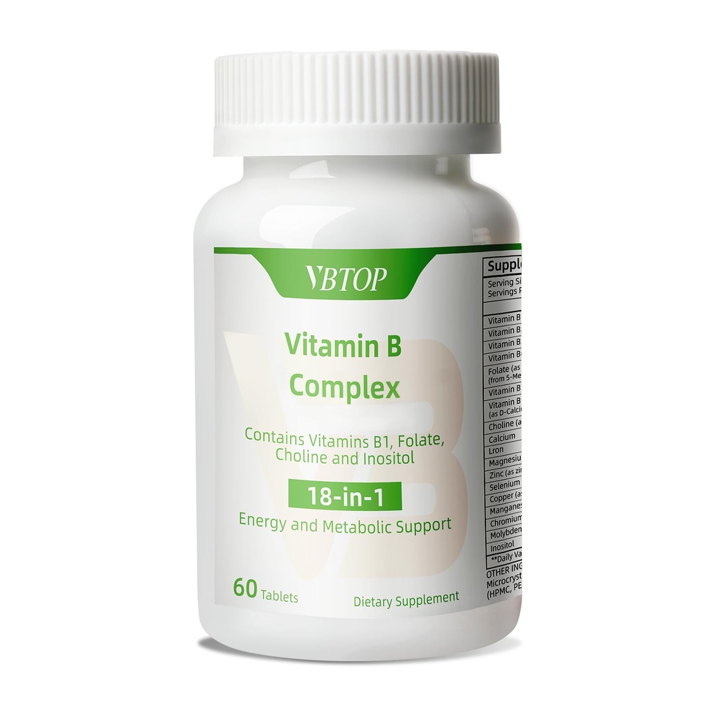 Komplex vitaminu B, s vitaminy B1, B2, B3, B5, B6, B12, kyselina listová, cholin, zinek, vápník, inositol, pro zdraví mozku a srdce, imunitní zdraví, a Cellular Energy Support, 60 Tablety