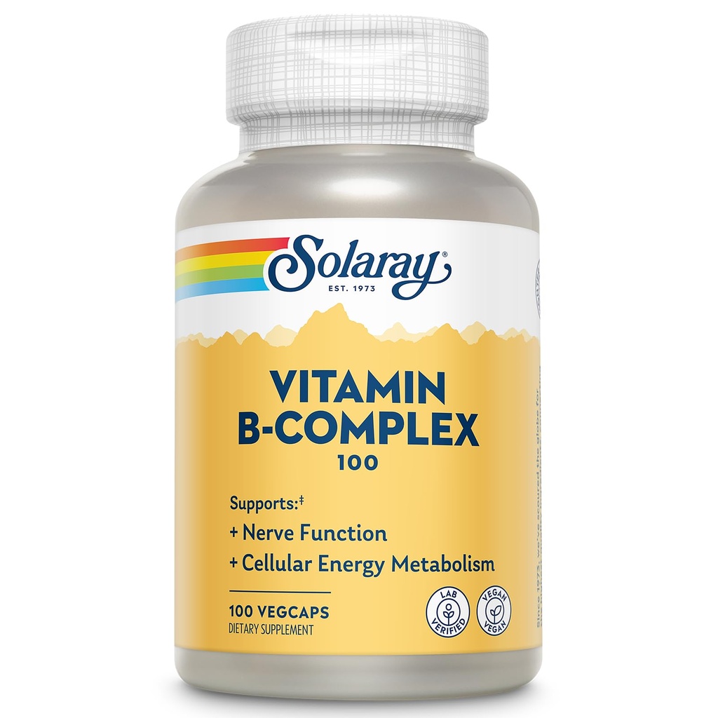 SOLARAY vitamin B Complex 100mg - Podpora buněčné energie, nervu a srdečního zdraví - Dodává všechny 8 B komplexní vitaminy - vitamín B12, B1, B2, B3, B6, Niacin, kyselina listová a biotin - Vegan, 100 Služeb