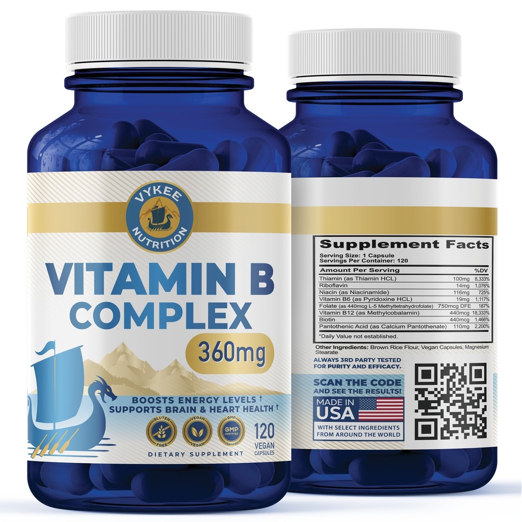 Vykee Nutrition B Complex Supplementary - High- Potency B Vitamíny s 750mg DFE folátu, 440mcg B12 / Biotin current124; Vegan Non- GMO current 124; Podporuje buněčnou výrobu energie a tvorbu červených krvinek 124; 120 Kapsle