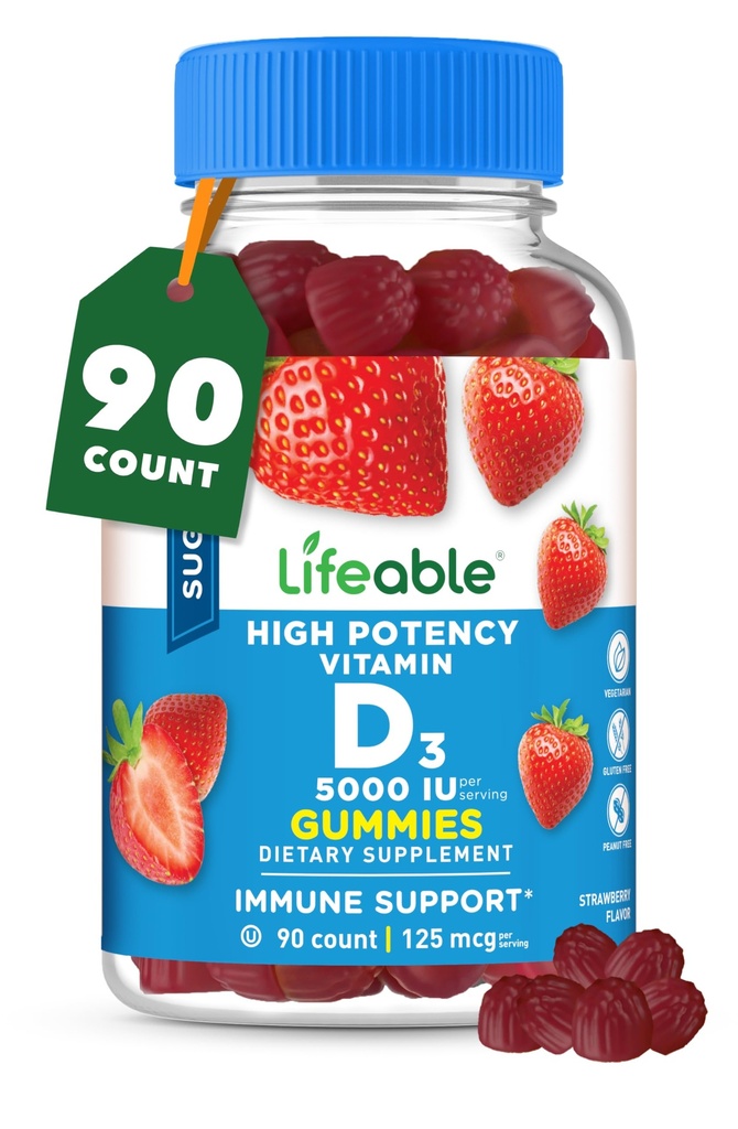 Lifeable Sugar Free Vitamin D 5000 IU - Great Ochutnávání přírodní příchuť Gummy dodatek - Gluten Free Vegetarian GMO- Free Chewable - pro imunitní podporu a zdraví kostí - pro dospělé - 90 Gumy