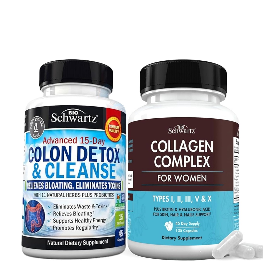 BioSchwartz 15 Day Cleanse pro Colon a Gut Health Plus Hydrolyzované kapsle kolagen Peptid (45 denní dodávka)