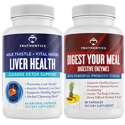 TRUTHENTIKA Zdraví jater a trávicí Enzymy Bundle - Podpora pro jaterní čištění Detox, Digestion, Nutrient Absorpce, Okusný plyn a floating - Gluten Free, Non- GMO