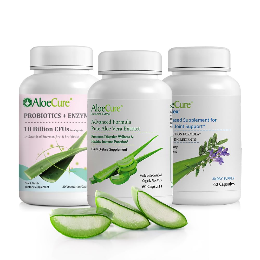 AloeCure Organic Aloe Vera Kapsle Balení - 3 Kusy - VeraFlex, Aloe Vera Kapsle, Probiotika + Enzymy