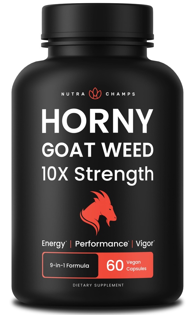 NutraChamps Horny Kozí Tráva, 1000mg Epimedium Energy Supplement, 10X Síla Icariin, Ginseng, Tribulus & Maca pilulky pro ženy a muže, Zvýšená absorpce s Black Pepper, 60 Vegan Kapsle