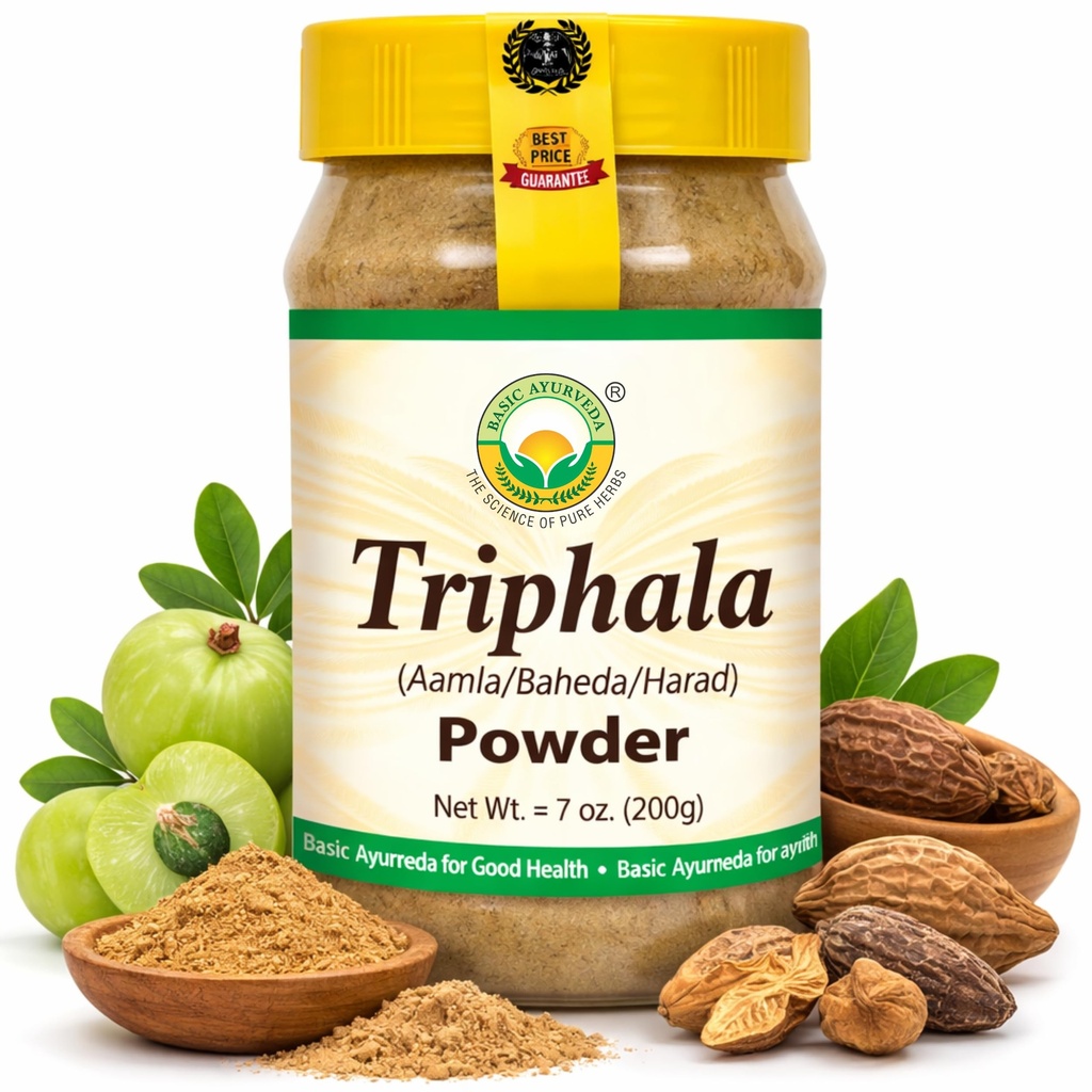 BASIC AYURVEDA Triphala Powder 7.05 Oz (200g) Oz 124; 100% přírodní Ayurvedic Blend of Amla, Haritaki & Bibhitaki CLANE124; Podporuje stravitelné zdraví, Detox & Wellness CLANE124; No Additives CLANE124; Vegan & gluten- Free