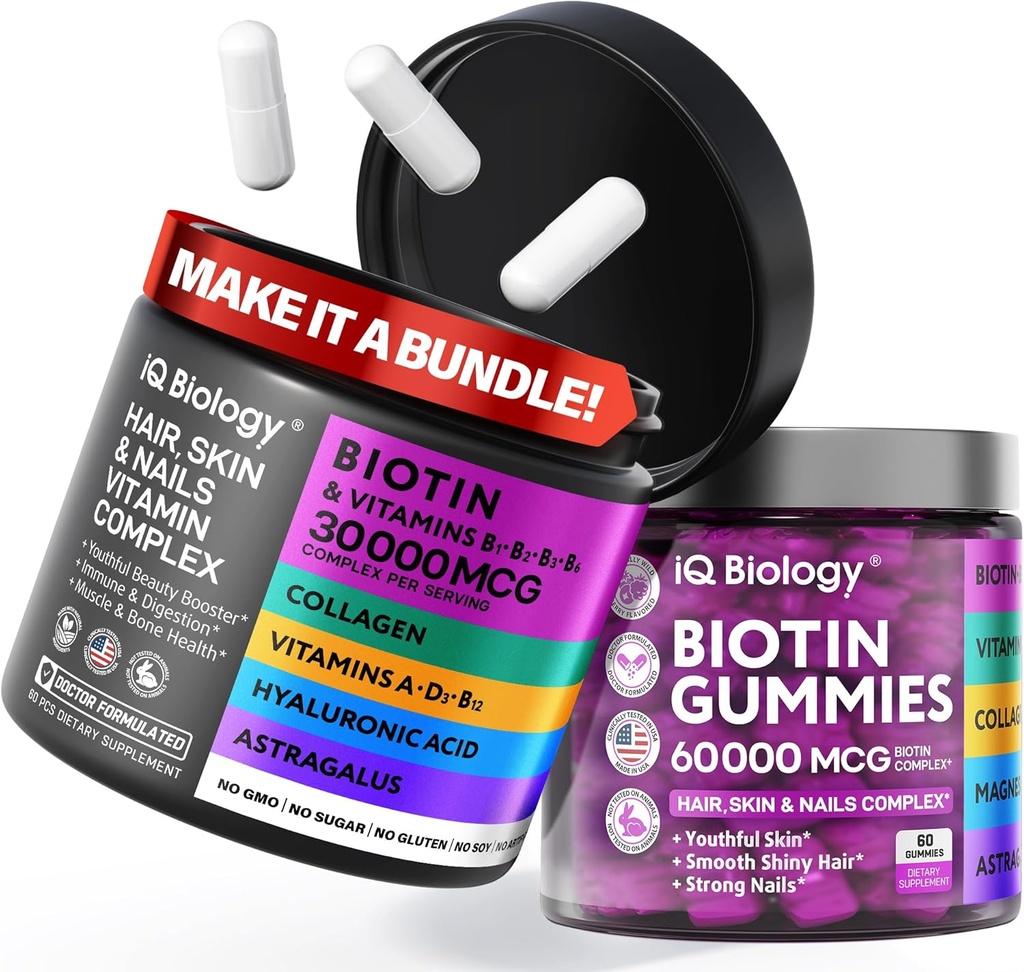 Biotin Vlasové růstové pouzdro - Biotin Vitamíny a Keratin Kapsle + Vlasové gumy s kolagen & Astragalus - Vlasové kožní nehty Vitamíny pro ženy a muže 124; 60 Kapsle + 60 Gumy