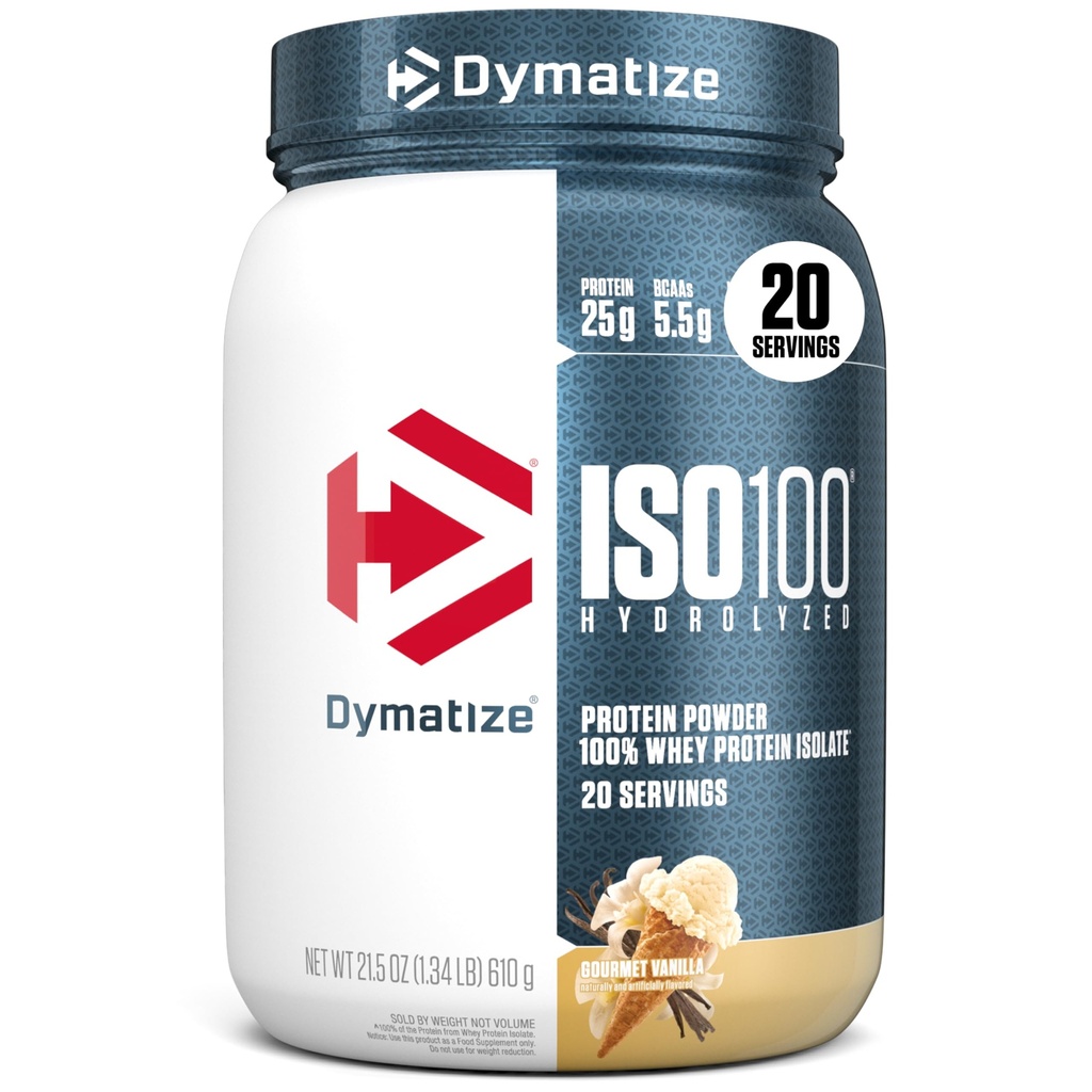 Dymatizujte isolát syrovátkového prášku ISO100, Gourmet Vanilla, 25g proteinu, 5,5g BCAA, méně než 120 Cal., bez gluten, 1g tuku, 1g cukru, 2g karbu (20 porcí)