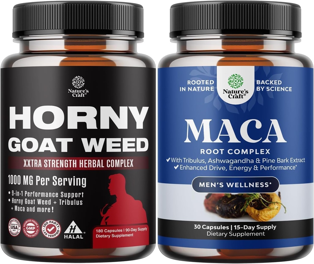 Bundle of Horny Goat Weed with Black Maca Root, Tongkat Ali, Saw Palmetto & Panax Ginseng Extract for Stamina & Energy and Black Maca Root with Sibirian Ginseng Ashwagandha - Pánské Wellness Dodatek