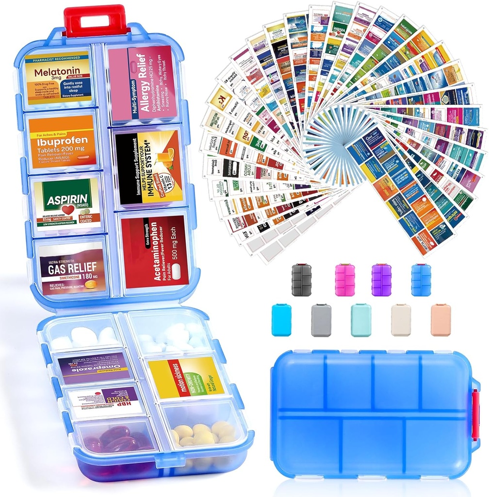 14 Grids Travel Pill Pořadatel Box s 415- Pcs Medicine Name Labels - Pocket Daily Pharmacy Case Container Kit - Travel Medication Holder Disperser for Fish Oil vitamin Supplement Storage - Clear Blue