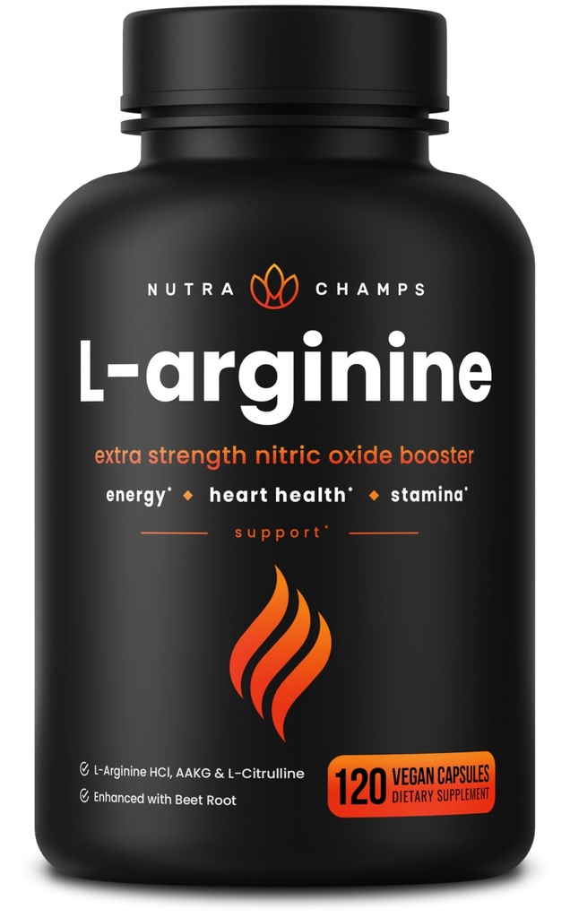 NutraChamps L- Arginine Supplement 1000mg + L- Citrulline 250mg & Beet Root - Nitric Oxide Booster for Heart Health, Energy & Stamina - Extra Strength Amino Acid Complex - 120 Vegan Kapsle