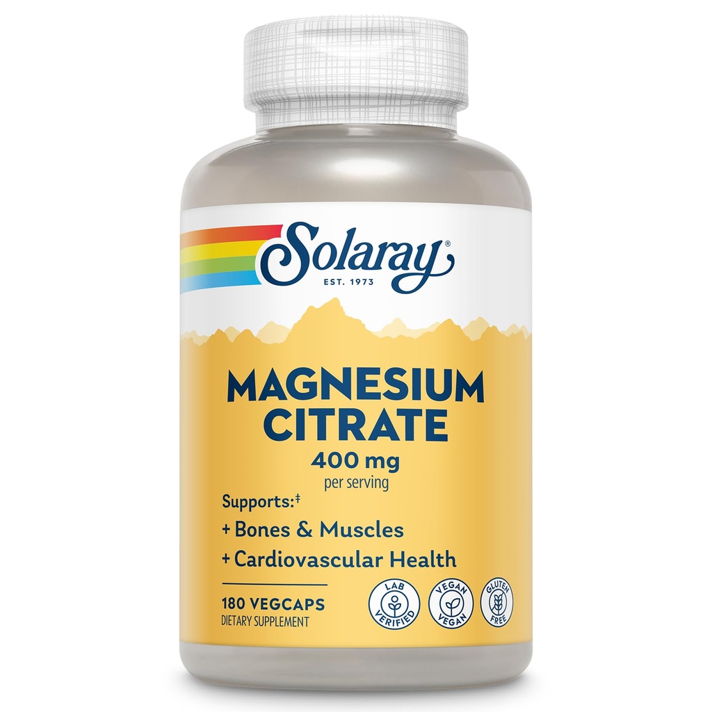 SOLARAY Magnesium Citrát 400mg - doplněk hořčíku - Kostní zdraví, svalovina, relaxace a podpora srdečního zdraví - Zvýšená absorpce, Vegan, gluten zdarma, 60denní záruka, 60 Služeb, 180 VegCaps