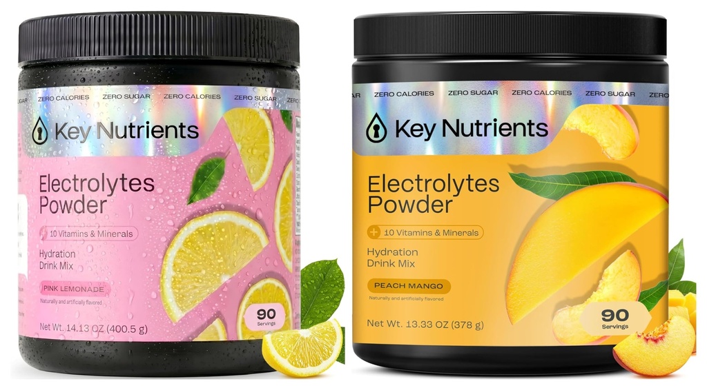 KEY NUTRIENTS Ultimate Hydration & Recovery Electrolyte Bundle - Tropical Peach Mango & Fresh Pink Lemonade, Sugar- Free, 90 Servings Each