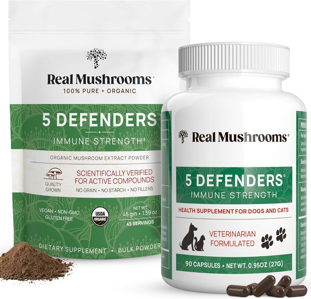 Reálné houby 5 obránců pro lidi (45g) & Domácí zvířata (90ct) - Pouch & Kapsle Bundle - Chaga, Shiitake, Maitake, Turecko Ocas & Reishi Houba - pro imunitní sílu a celkové wellness - Vegan, Non- GMO