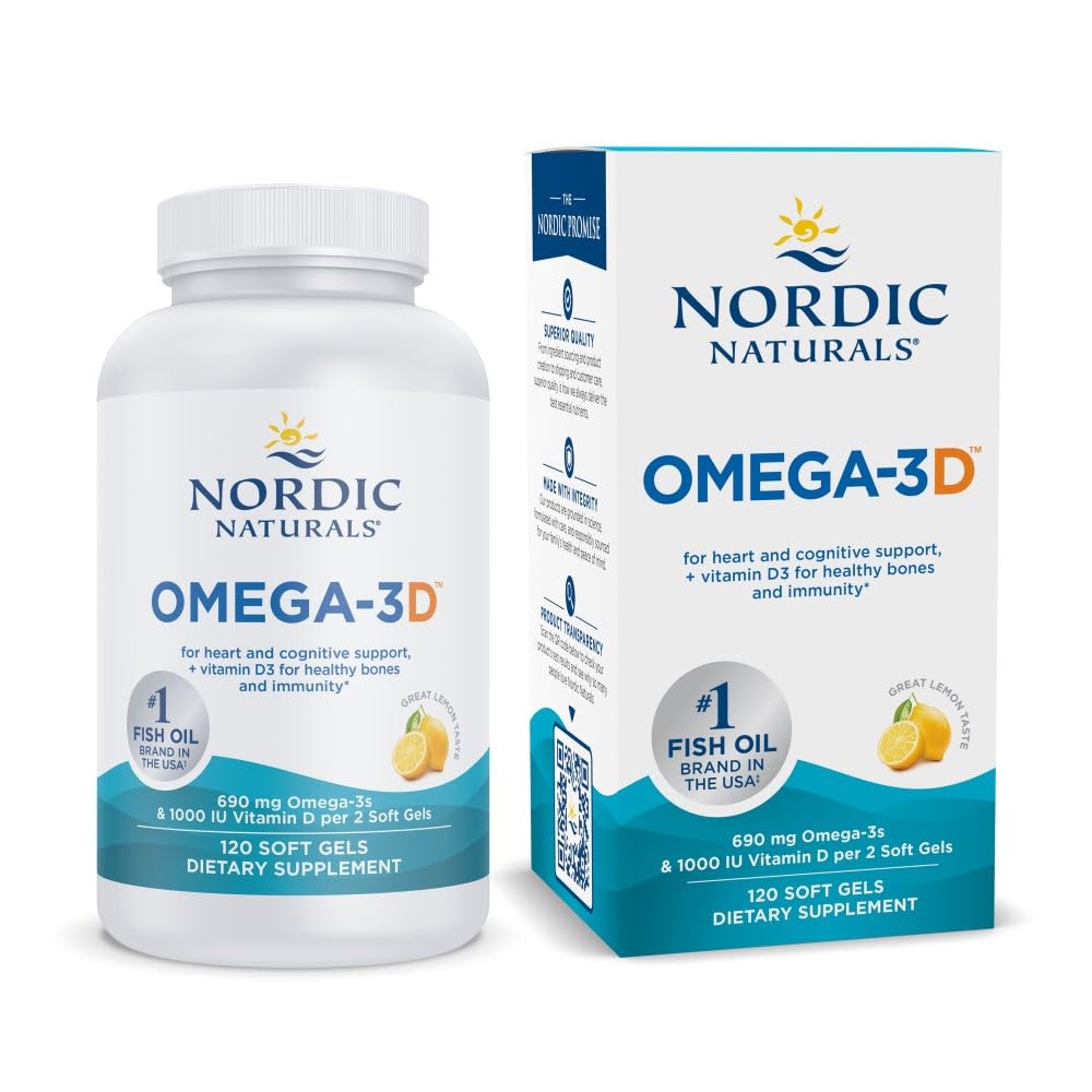 Nordic Naturals Omega-3D, Lemon Flavor - 120 Soft Gels - 690 mg Omega-3 + 1000 IU vitaminu D3 - Fish Oil - EPA & DHA - Imunitní podpora, Zdraví mozku a srdce, Zdravé kosti - Non- GMO - 60 Služeb