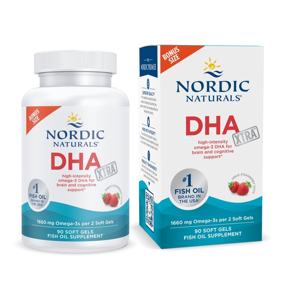 Nordic Naturals DHA Xtra, Strawberry - 90 Soft Gels - 1660 mg Omega33 - Vysoce intenzivní DHA Formule pro podporu mozkového a nervového systému - Non- GMO - 45 Služeb