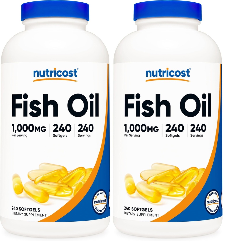 Nutricost Fish Oil Omega 3 Softgels with EPA & DHA (1000mg Fish Oil, 560mg Omega-3), 240 Softgels, Non- GMO, gluten Free. (Balení po 2)