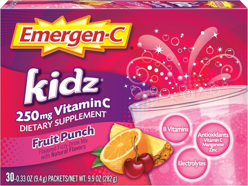 Emergen- C Kidz 250mg Děti Vitamin C Powder, Kofein zdarma, imunitní podpůrný nápoj Mix, ovocný punč Flavor - 30 Počet / 1 měsíc Dodávka