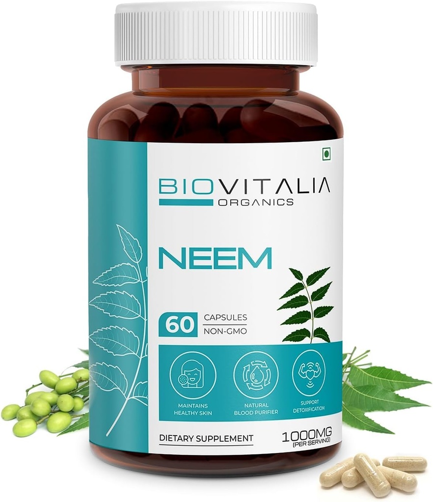 Biovitalia Plant Based Neem 1000mg Kapsle pro muže a ženy 124; Dietní dodatek 124; Podpora zdraví a podpora detoxikace - 60 Vegan Kapsle