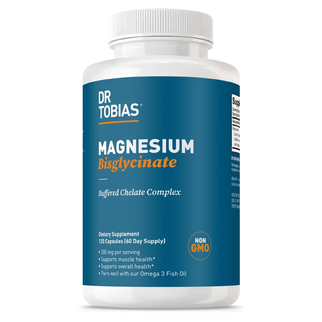 Dr. Tobias Magnesium Bisglycinát, High Absorption Magnesium Buffered Chelate Complex, 200 mg v jedné tobolce, podporuje energii, svalovina, kost a společné zdraví, Non- GMO doplněk hořčíku, 120 Kapsle