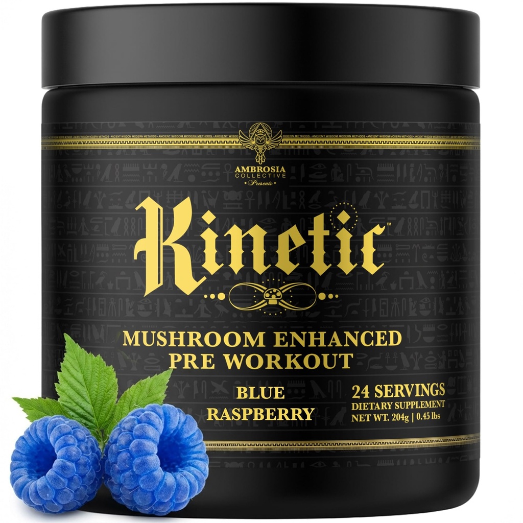 Ambrosia Kinetic Organic Preworking, Houba Enhanced Natural Pre Workout Dodatek, Nootropní Superfood Powder for Energy (Blue Raspberry)