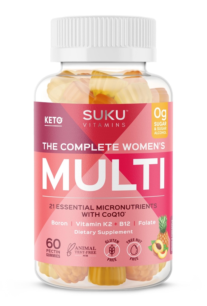 SUKU Vitamíny - Kompletní ženské Multi - s boronem, vitamínem K2, B12, A a více pro ženy zdraví - Snadno žvýkat - Non GMO, gluten cukr zdarma - Ananas & Peach ochucené vitamíny, 60 Počet