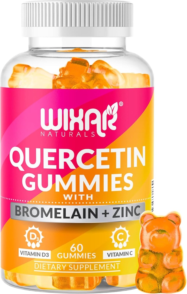 Quercetin Gummies - Quercetin 500 mg s bromelainem, zinem, vitaminem C & D3 - Quercetin Gummy doplňky pro imunitní podporu a alergie - Inhibition Booster Vitamíny Dodatek - 60 Žvýkací