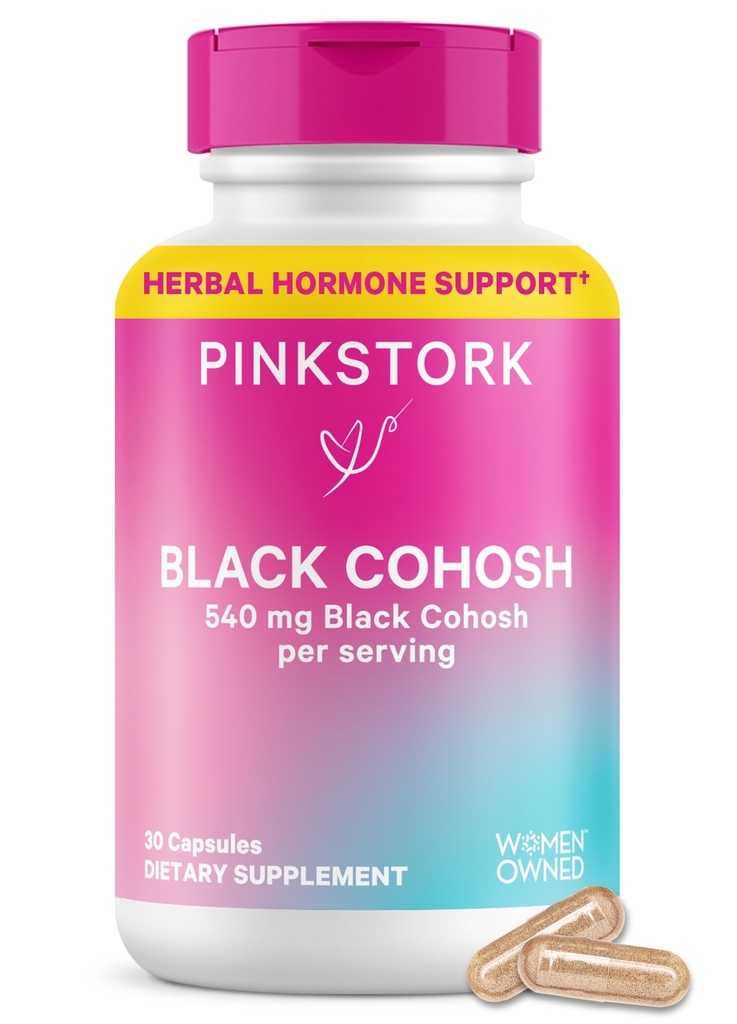 Pink Stork Black Cohosh doplňky pro ženy - 540 mg Čisté černé Cohosh pro Perimenopauza, Menopauza Support- 30 Kapsle