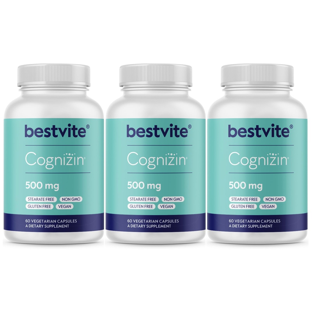 BETVITE Cognizin Citicolin 500mg (180 Vegetariánských kapslí) (60x3) - Klinicky studované Premium Choline Nootroppic - No Stearates - Vegan - Gluten Free - Mozkové doplňky pro paměť a soustředění