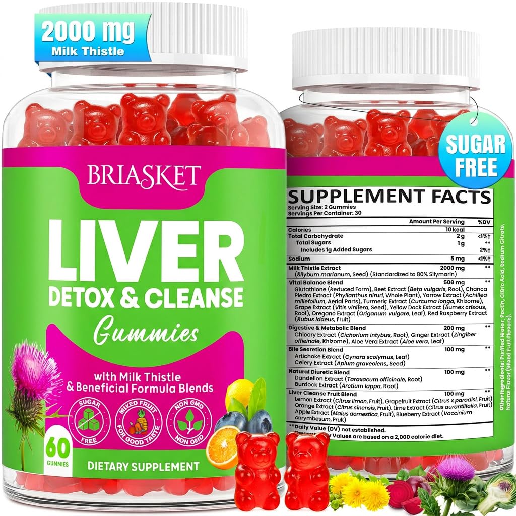 Játra Detox Cleanse & Opravy, 2000 mg Mléko Thistle Játra Detox, Játra Supplement s Glutathione, Pampelion Root, Kurkuma & Artyčok, 23- in- 1Bylinné pro játra & Gut zdraví, Vegan, 60 Gummies
