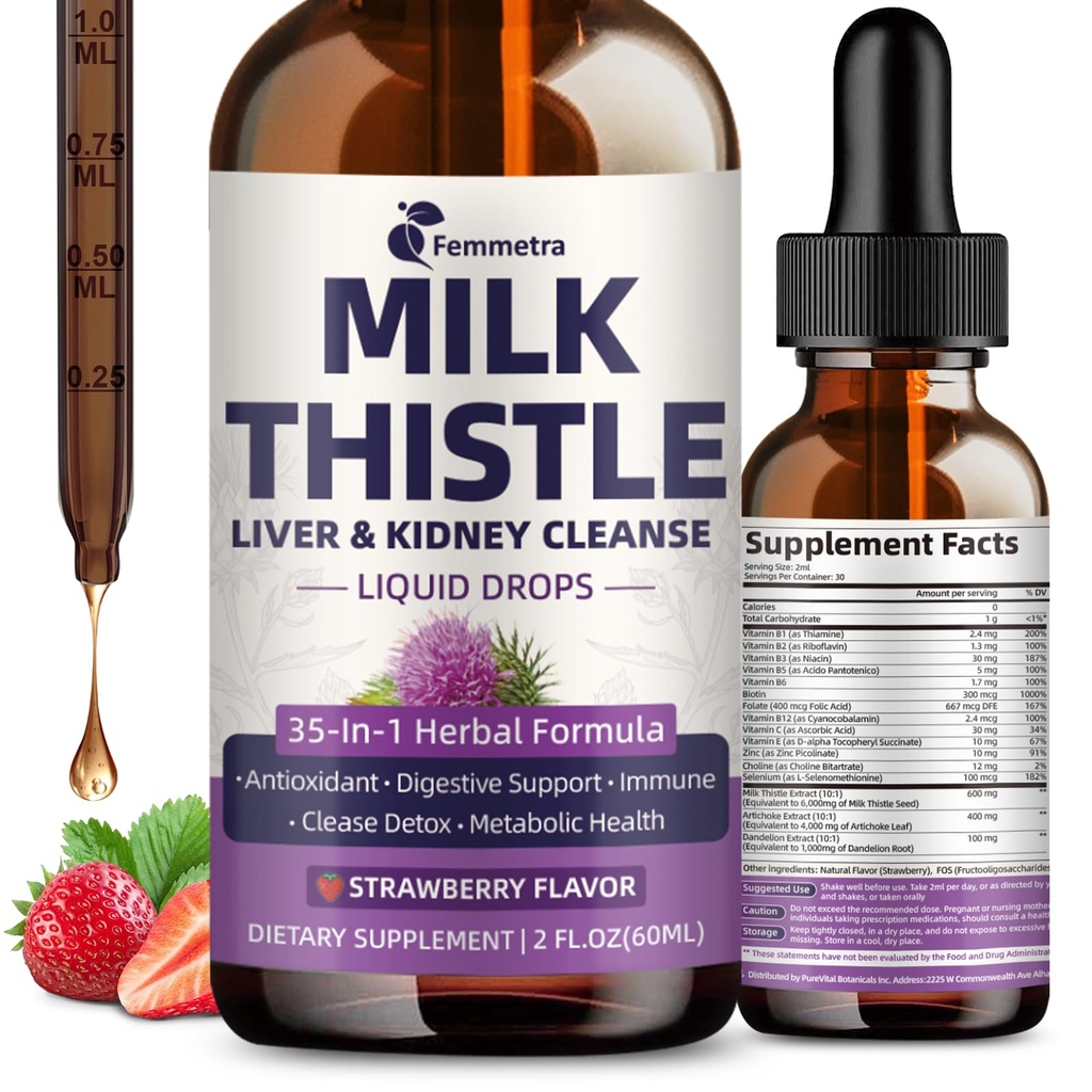 Mléko Thistle Extract Liquid Drops for Jaterní Cleanse Detox & Opravy, 35-IN-1 Ledviny Supplementary Supplementary with Artigue & Pampelion for Močovní trakt, močový měchýř, Vegan, Non- GMO, Jahodová šťáva, 2 FL OZ