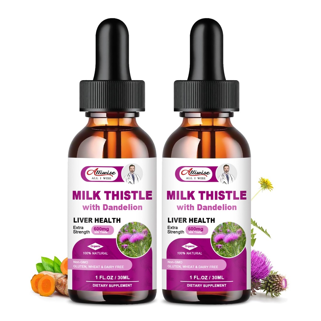 Liquid 2 Pack, 600mg Milk Thistle 80% Silymarin Extract & 250mg Dandelion Root Extract, Jaterní čistící detox a opravy Tučné jaterní vzorec, Vegan, Non- GMO a All- Natural