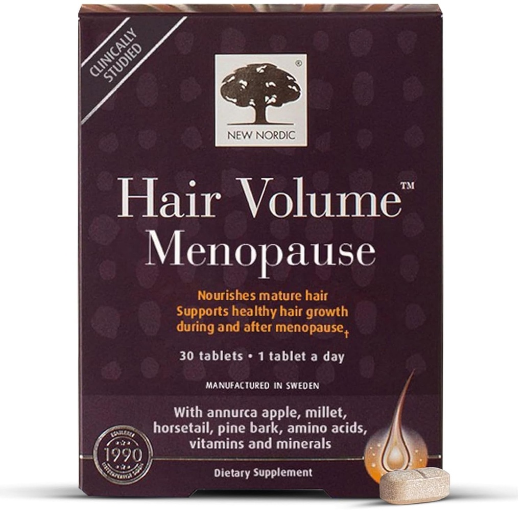 Nová Nordic Hair Volume Menopauza, Podporuje zdravý růst vlasů během a po Menopauze, Pine Bark a Annurca Apple Extract, 30 Tablety
