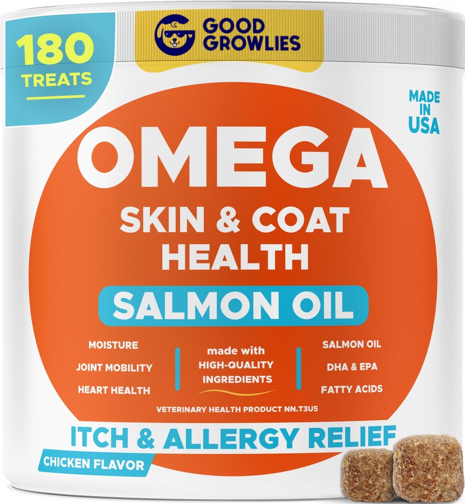 Omega 3 Rybí olej pro psy (180 Ct) - Žvýkačky na kůži - Suchá a ltchy kůže + Alergie Support - Lesklé kabáty - EPA & DHA mastné kyseliny - Přírodní lososové oleje Žvýkací srdce, Hip & Společná podpora
