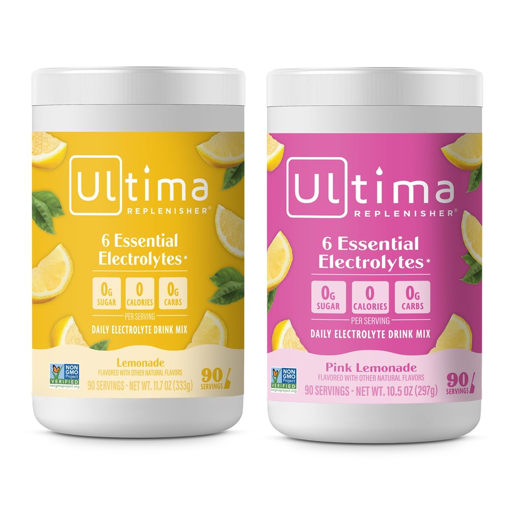 Ultima Replenisher Electrolyte Powder Drink Mix Bundle - Sugar Free - Lemonade and Pink Lemonade, 90 Serving- Hydration Powder - 6 klíčových elektrolytů a stopových minerálů - Keto Friendly, Non- GMO
