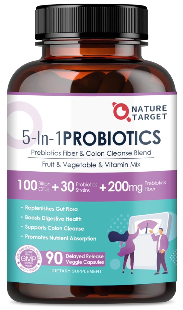 NATURE TARGET Probiotika pro ženy - Muži Digestive Health, Mens- Womens Probiotic s prebiotika, 100 Milionů pro Gut a imunitní zdraví, No Literageration, 90 Veggie Kapsle (45 dní dodávky)