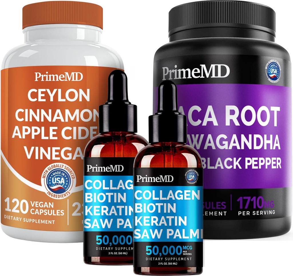 5-in-1 Ceylon Skořice (120ct), 4-in-1 Biotin Kolagen Keratin Saw Palmetto (2 fl oz - 2 Pack) & 6-in-1 Maca Root Ashwagandha (120ct) Bundle - Energy, Mood, Vlasy, kůže a imunitní podpora Dodatek