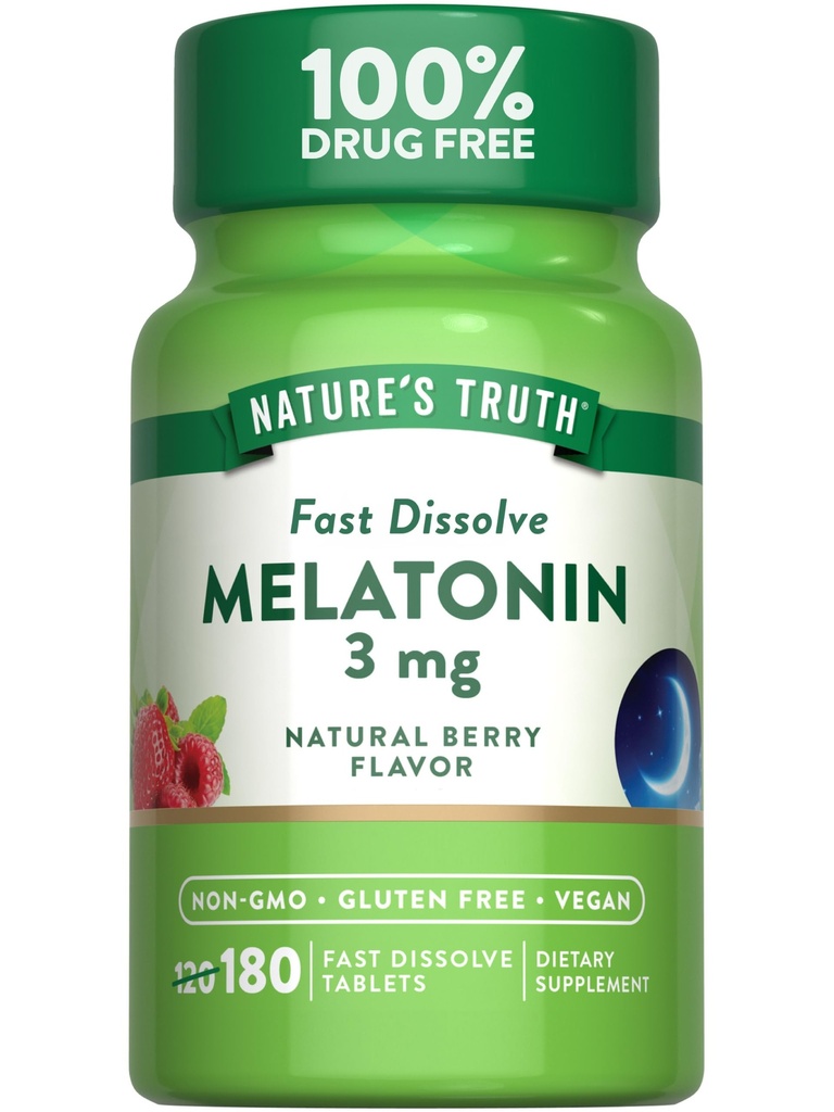 Nature 's Truth Melatonin 3mg Fast Disolt Tablety 124; 180 Počet 124; Natural Berry Flavor 124; Vegan, Non- GMO & Gluten zdarma dodatek