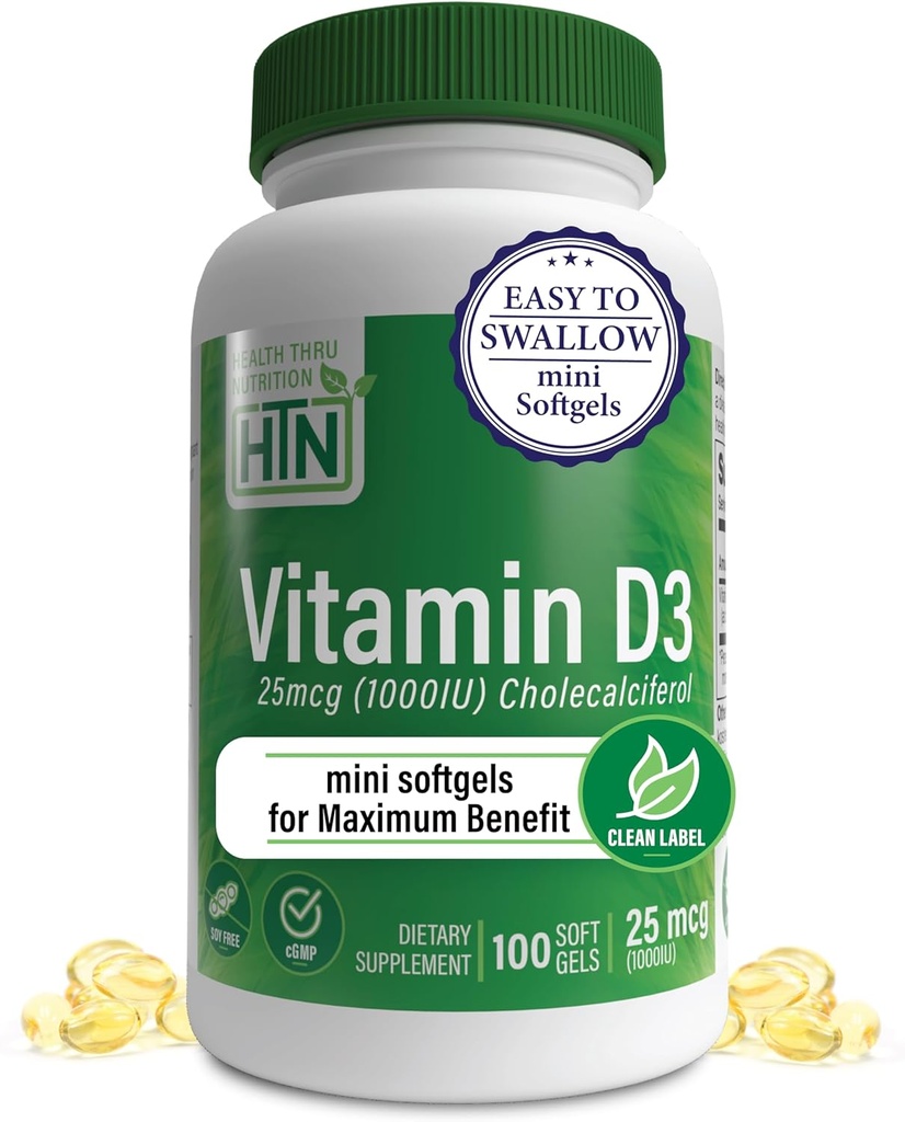 Zdraví Thru Nutrition Vitamin D3 1,000iu 100 Mini Softgels pro maximální výhody 124; 25mcg Cholekalciferol cr124; 3. strana Testováno 124; Non- GMO USP Stupeň organického EVOO 124; Podpora imunitního zdraví