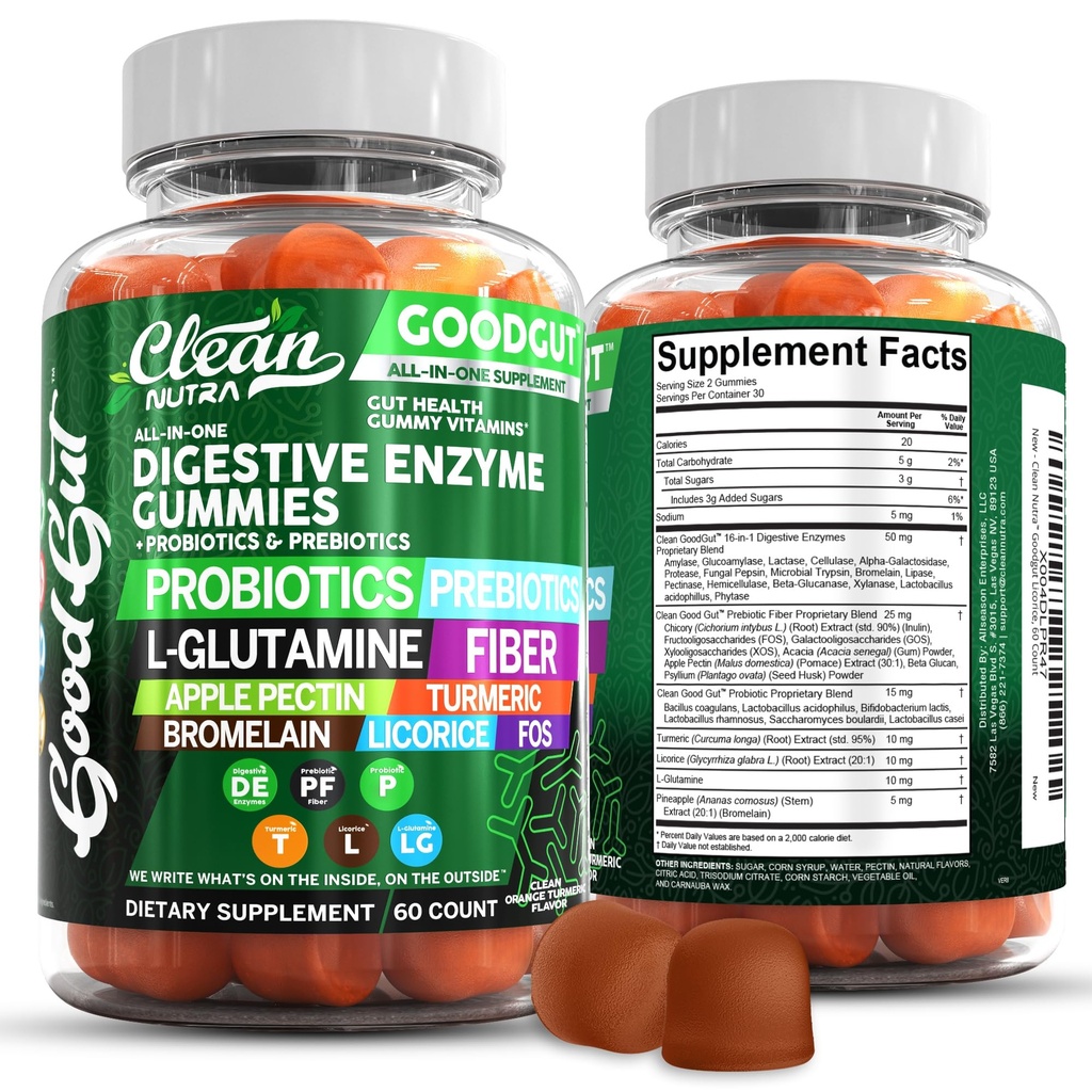 Čisté nutraccis trávicí enzymy s probiotika a prebiotika pro trávicí zdravotní gumy & L- glutamin pro Gut Health Bromelain Apple Pectin Inulin FOS Plant Based Vegan Gummy Vitaminy