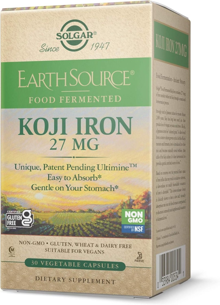 Solgar Earth Source Food Fermented Koji Iron 27mg, 30 Rostlinné kapsle - Vyšší absorpce, Slow-Release Iron - Gentle on The Stomach - Non- GMO, Vegan, Gluten Free, Dairy Free, Kosher - 30 Služeb