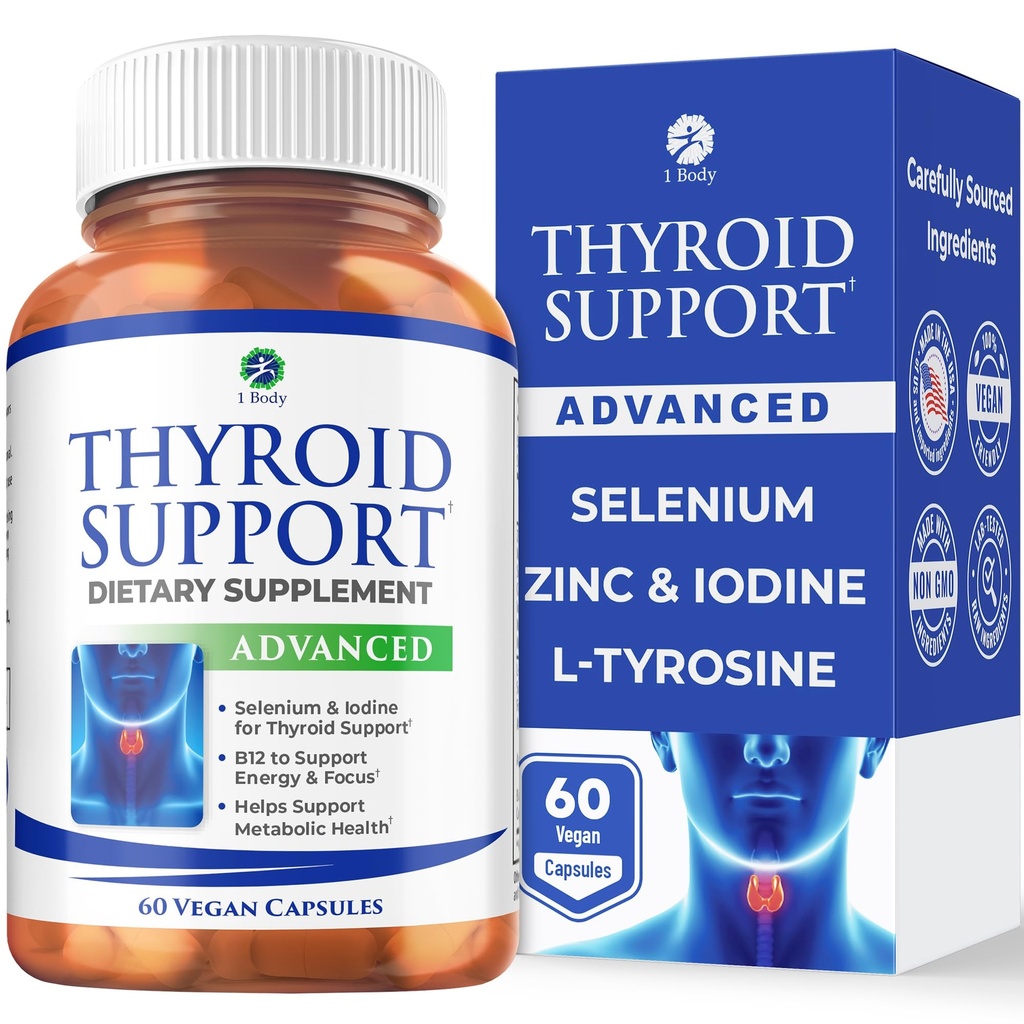1 Tělo štítné žlázy Supplement pro ženy a muže, Selen s jódem, zinek, B12, Ashwagandha a L-Tyrosin, podporuje Hormon zdraví, energie a metabolismus, 30 Den Dodávka