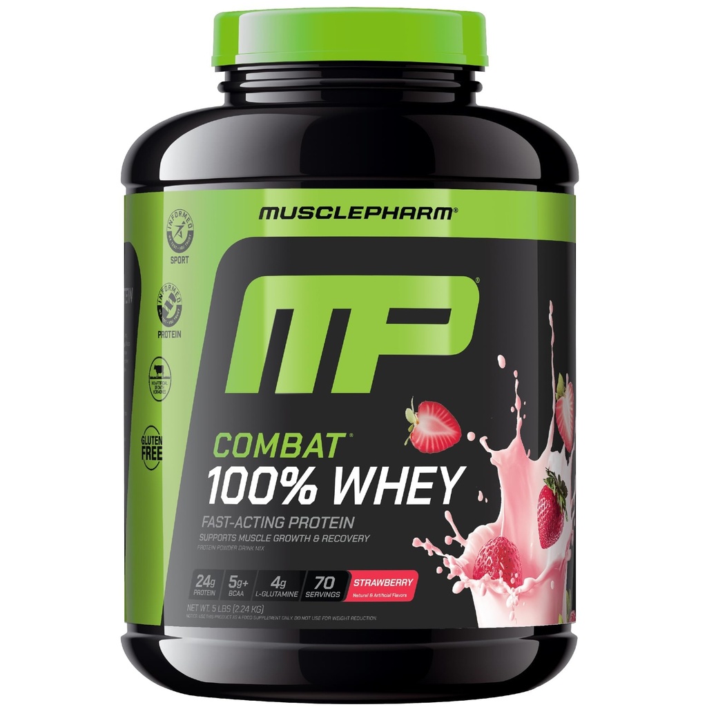 MusclePharm Combat 100% syrovátkový protein prášek, jahodový krém Flavor, rychlé zotavení a svalový zisk s syrovátkovým proteinem izolát, vysoký proteinový prášek pro ženy a muže, gluten zdarma, 5 liber, 70 Služeb