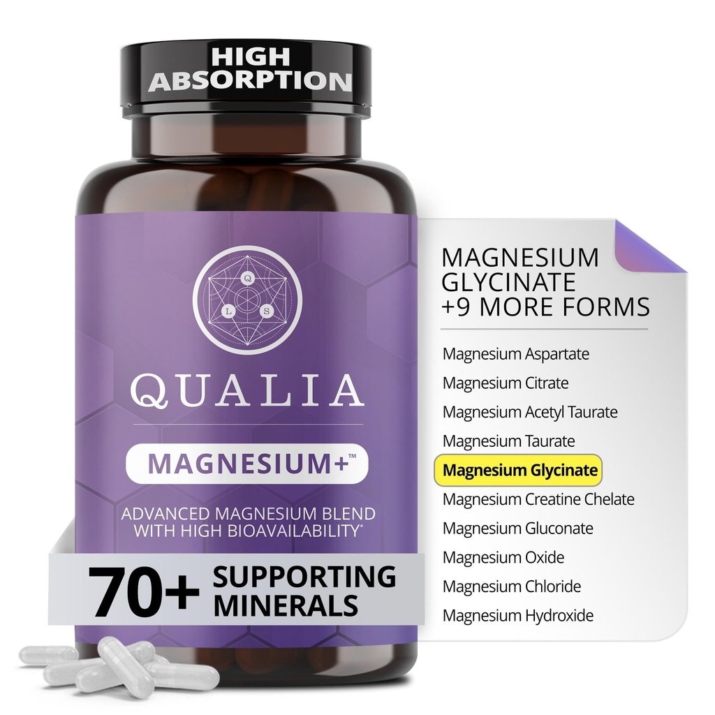 Qualia Magnesium + 124; Doctor- Applicated. Premium Formule 124; Vysoká biologická dostupnost 124; 10 Formy hořčíku & 70 + Minerály 124; Relaxed Mood, klidný spánek, & Cvičení zotavení