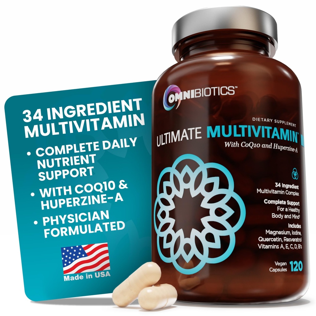 OmniBiotics Ultimate Daily Multivitamin pro ženy a muže - 34 esenciální složky včetně vitaminu A, C, D, E, B6, B12, Biotin, zinek - 120 Veganské kapsle