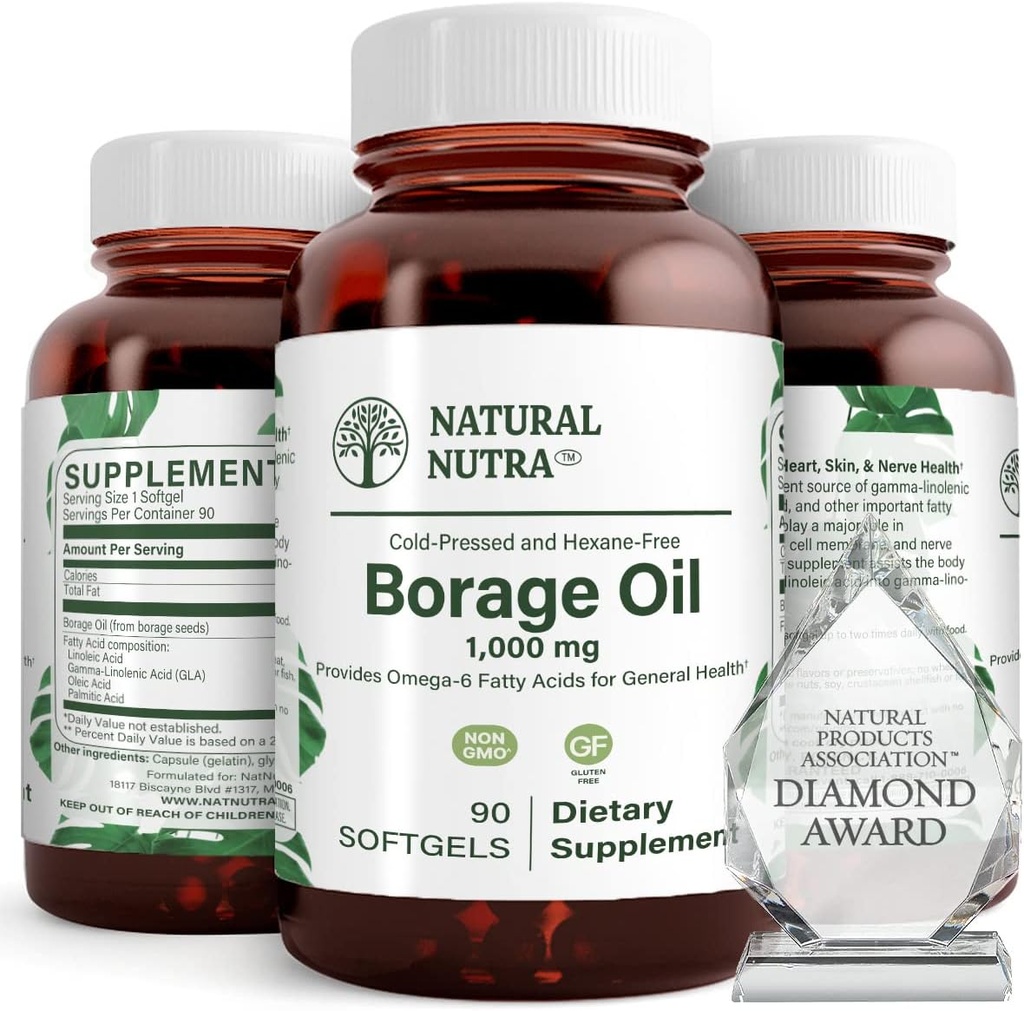 Natural Borage Oil Supplement - Bohatá v gama- linolenová kyselina (GLA), A potent Omega-6 Essential Fatty Acid známý pro podporu pokožky, Nerve, a společné zdraví 90 Softgels.
