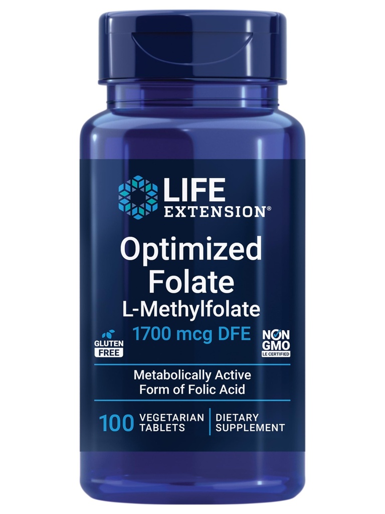 Life Extension Optimalizovaný folát - L-methylfolát - Podpora srdce a mozku, Zdravé hladiny homocysteinu - Non- GMO, Gluten- Free, Vegetarian - 1700 mcg DFE, 100 Vegetariánských tablet