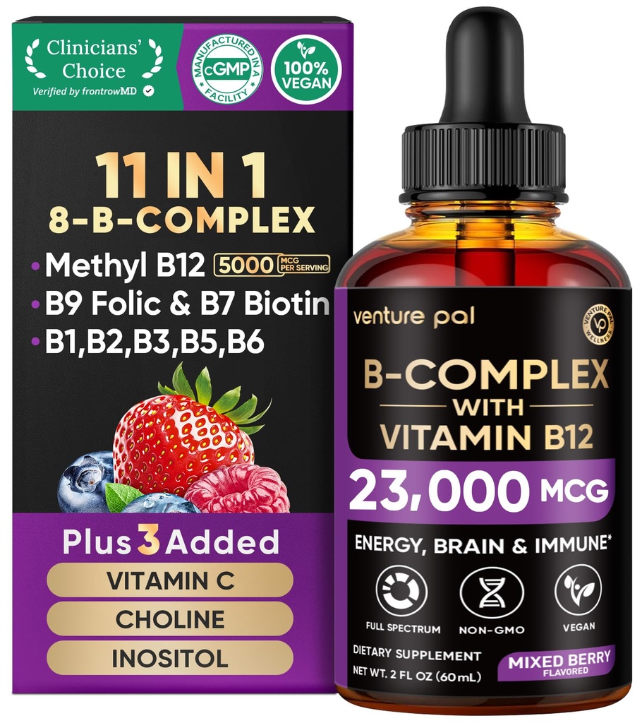 Venture Pal Vitamin B Complex Liquid Drops, B12 Methylkobalamin PHAR124; B9 Folic PHAR124; B1, B2, B3, B5, B6, B16 - Vitamin C, Cholin, Inositol, imunitní a energetický metabolismus, Brain & Heart Support