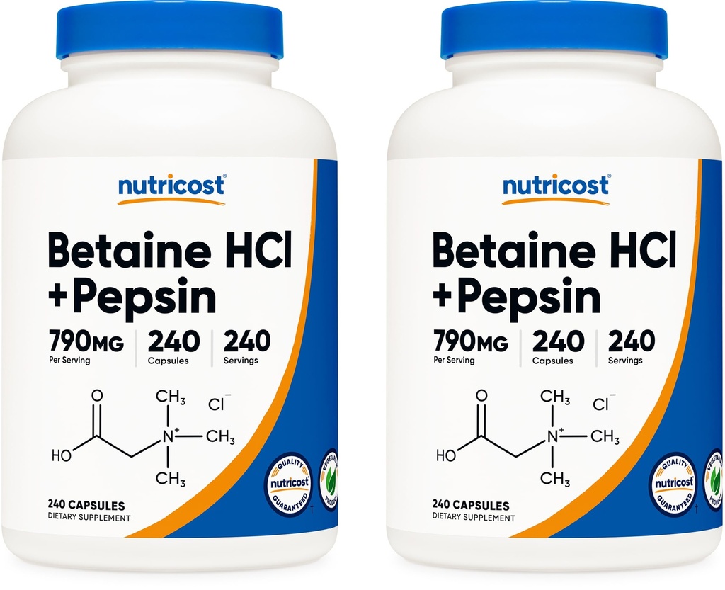 Nutricost Betaine HCl + Pepsin 790mg, 240 tobolek, 2 lahvičky (480 tobolek)